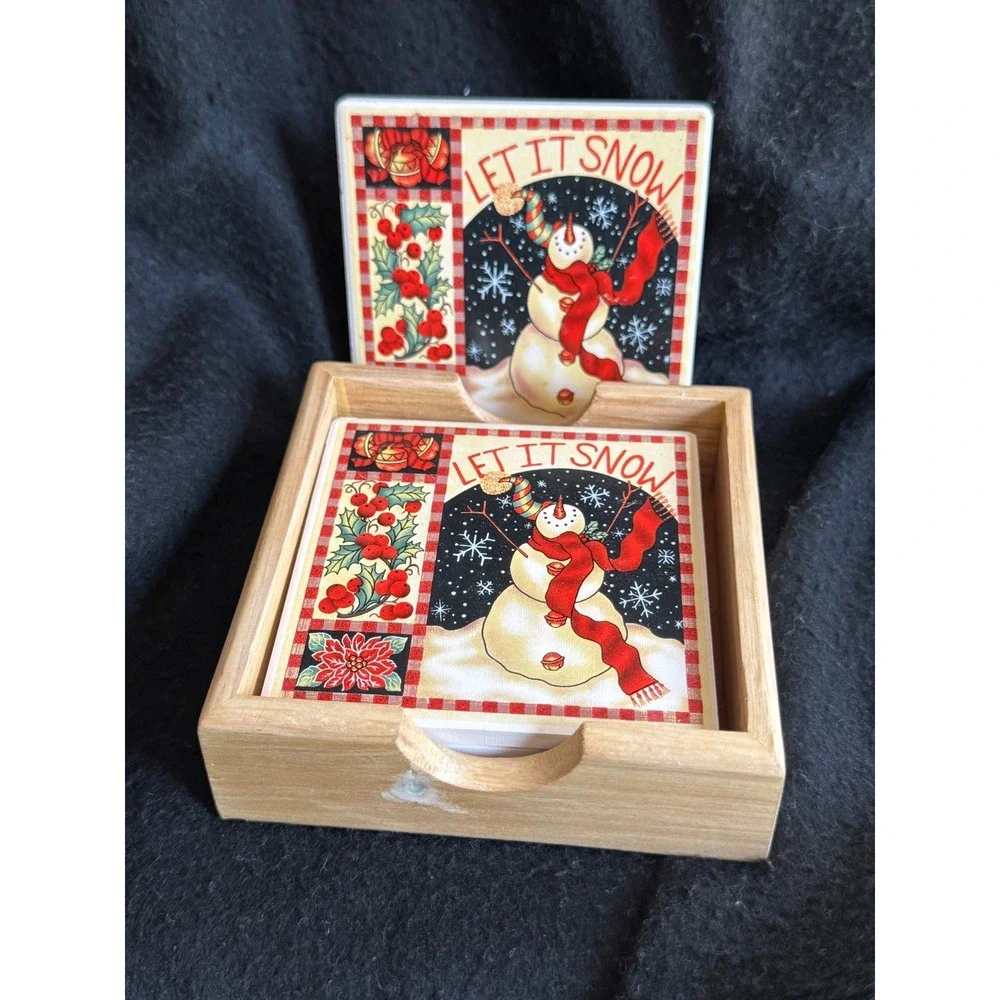 Let It Snow Snowman Ceramic Coaster Set with Wood Holder 5 Piece Christmas Decor